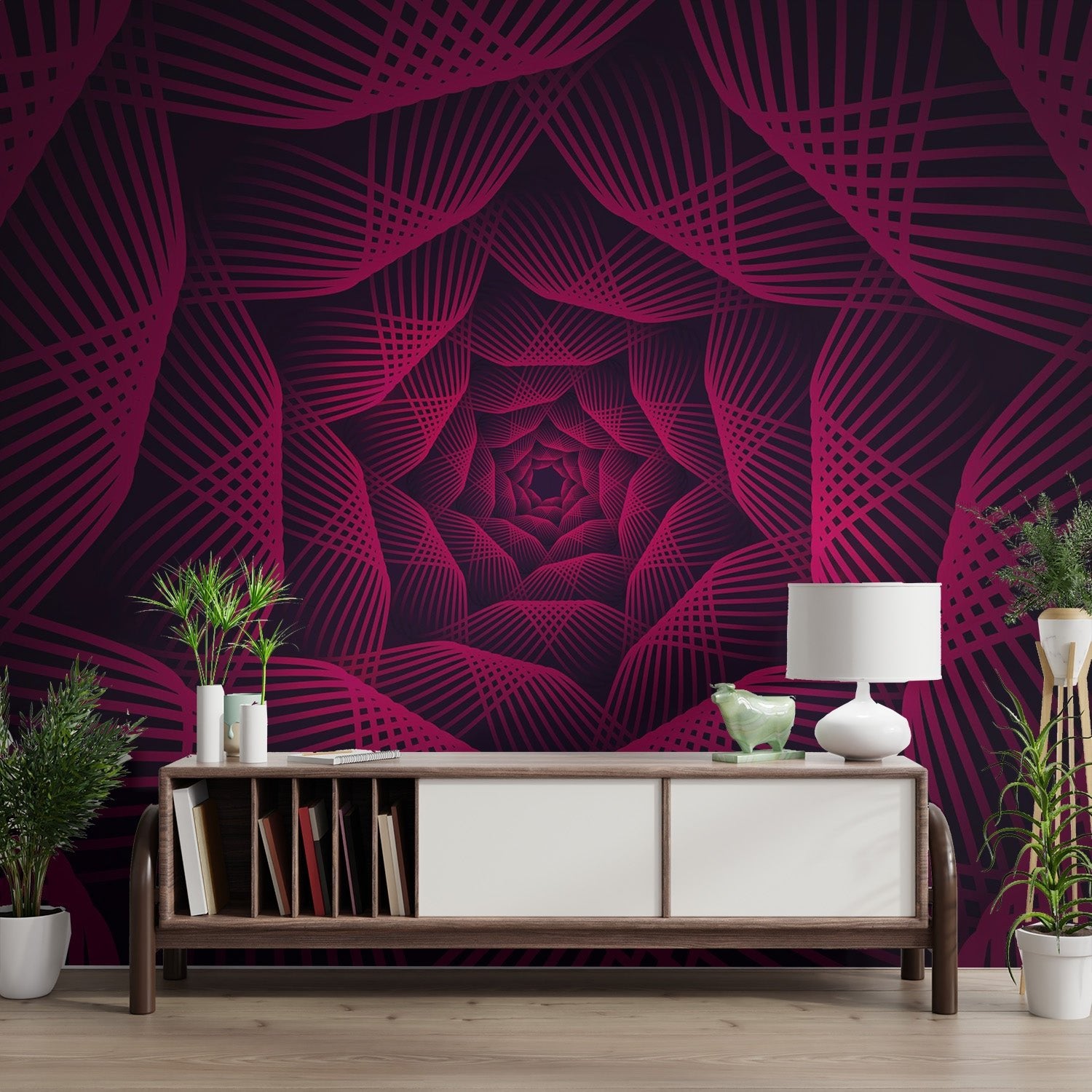 Hypnotic 3D geometric illusion wallpaper with pink spiral pattern.