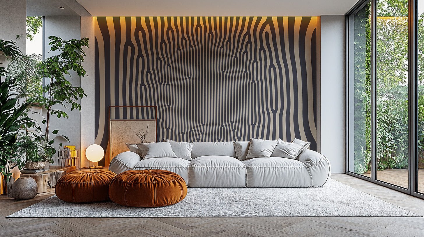 Hypnotic pattern wallpaper mural with abstract stripe design.