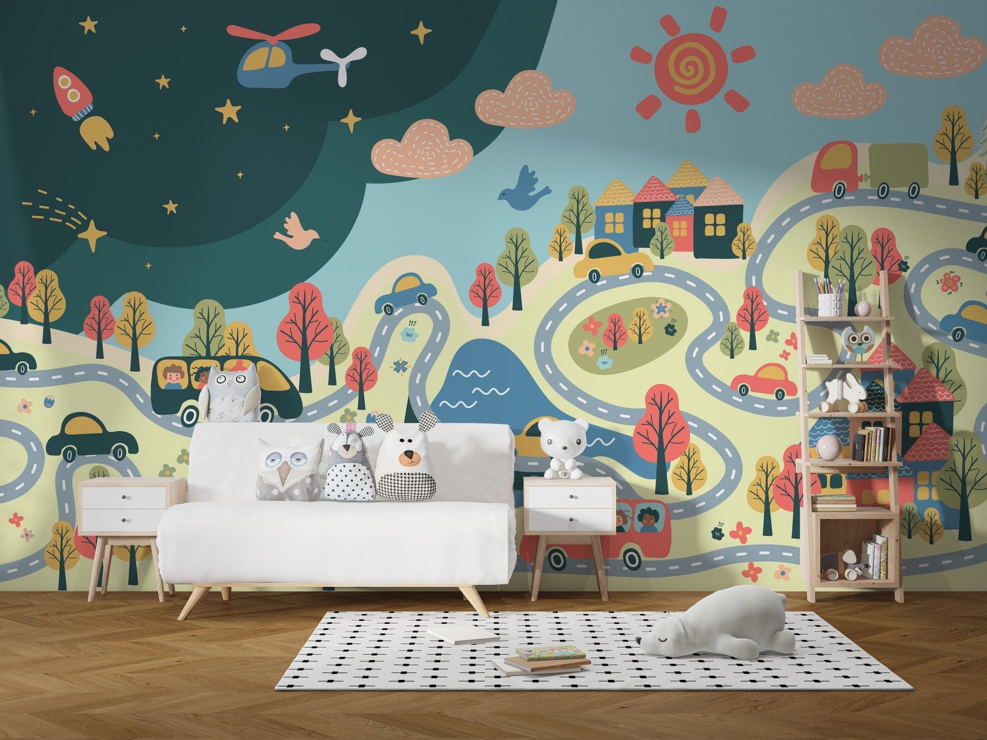 Whimsical city mural scene in detail
