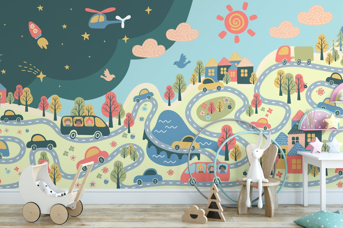 Urban cartoon cityscape wall design



