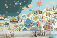 Urban cartoon cityscape wall design



