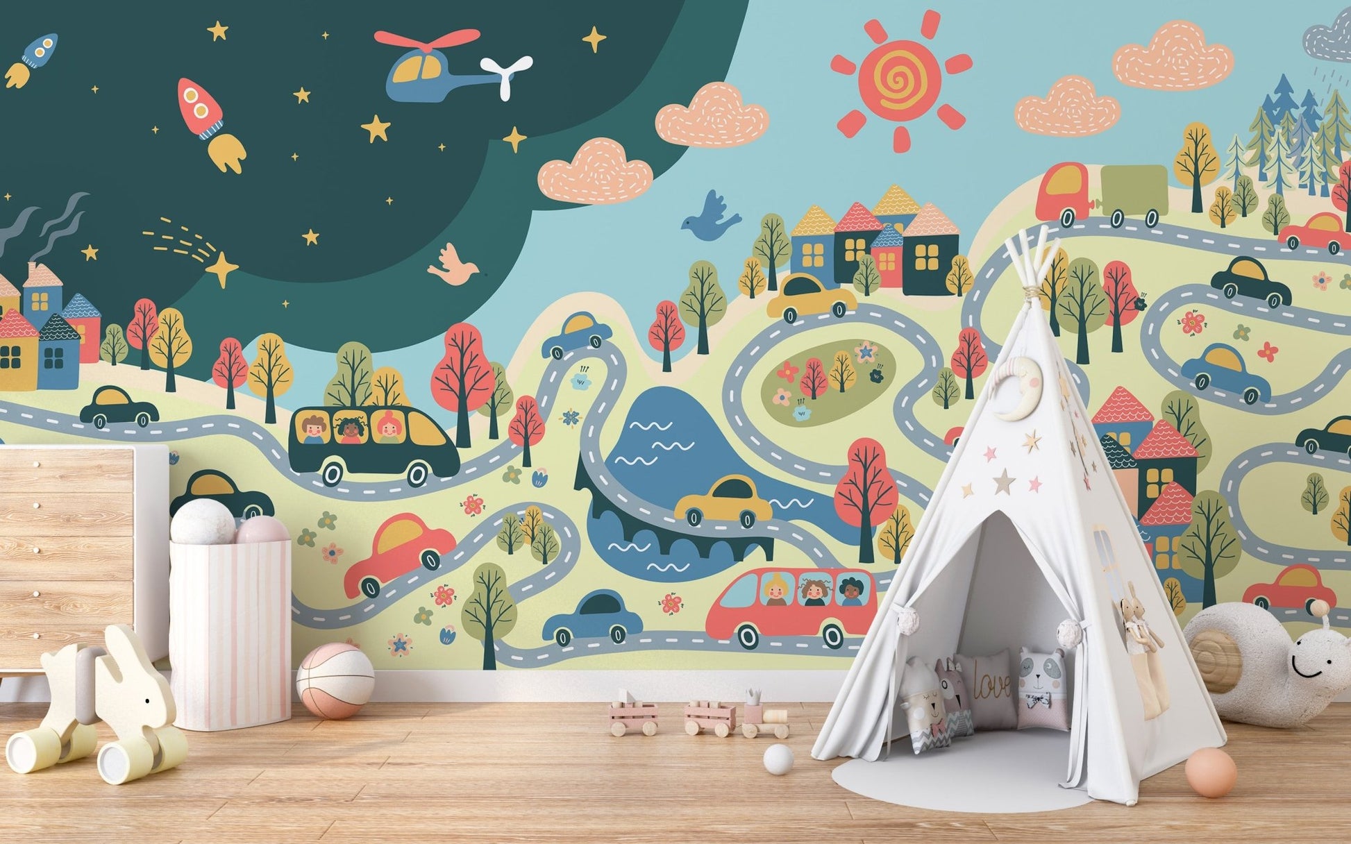 Fun cartoon cityscape wall art mural
