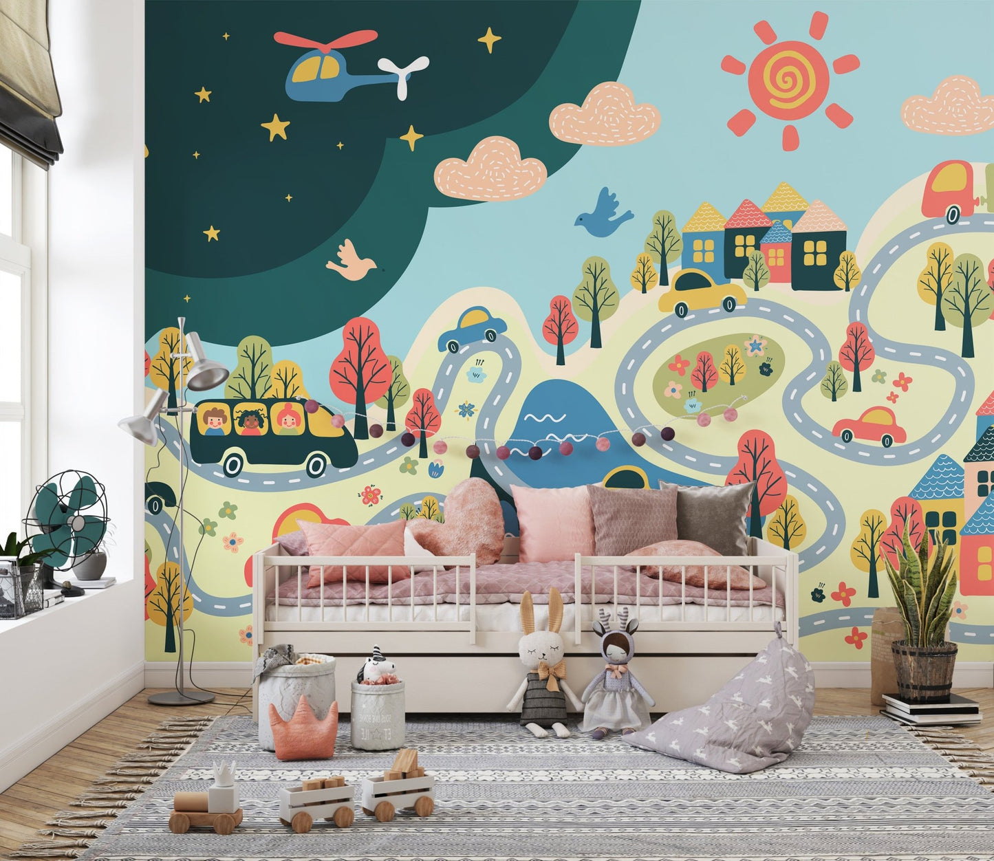 Bright city wallpaper mural for kids
