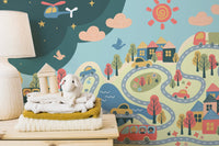 Playful city mural with vibrant colors
