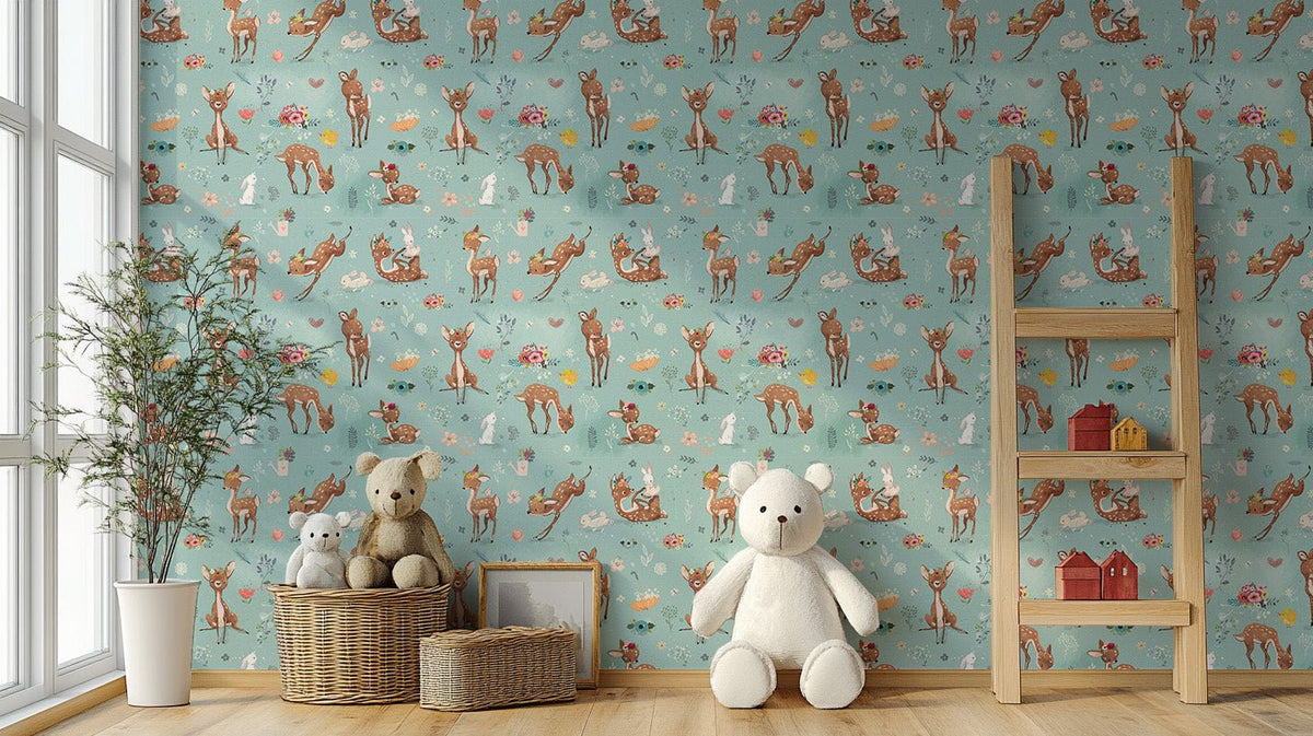 Teal nursery wallpaper mural featuring cute forest animals and woodland motifs.