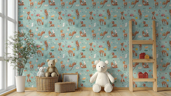 Teal nursery wallpaper mural featuring cute forest animals and woodland motifs.