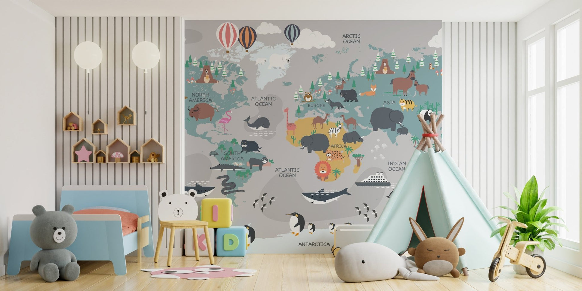 Animal world map wall mural in a bright kids playroom.