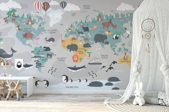 Imaginary Map Explorers Wall Murals in a grey nursery.