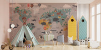 Grey world map wall mural behind a child's teepee tent.