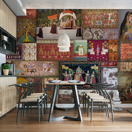 Detailed folk art wall mural traditional Indian painting wallpaper.