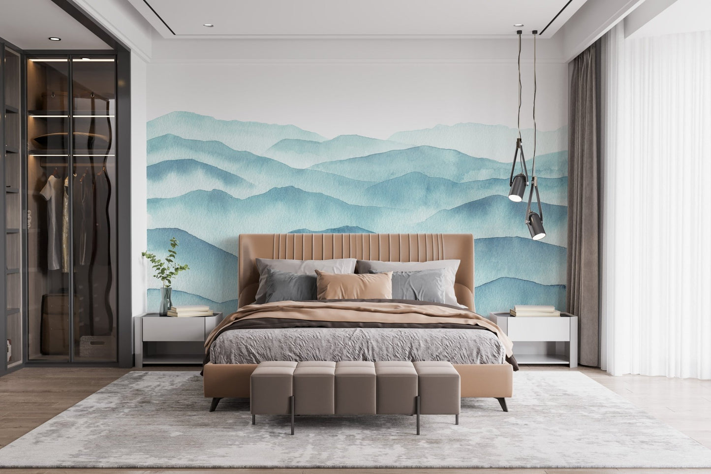 Minimalist bedroom with blue wave pattern wall mural behind a wooden bed.