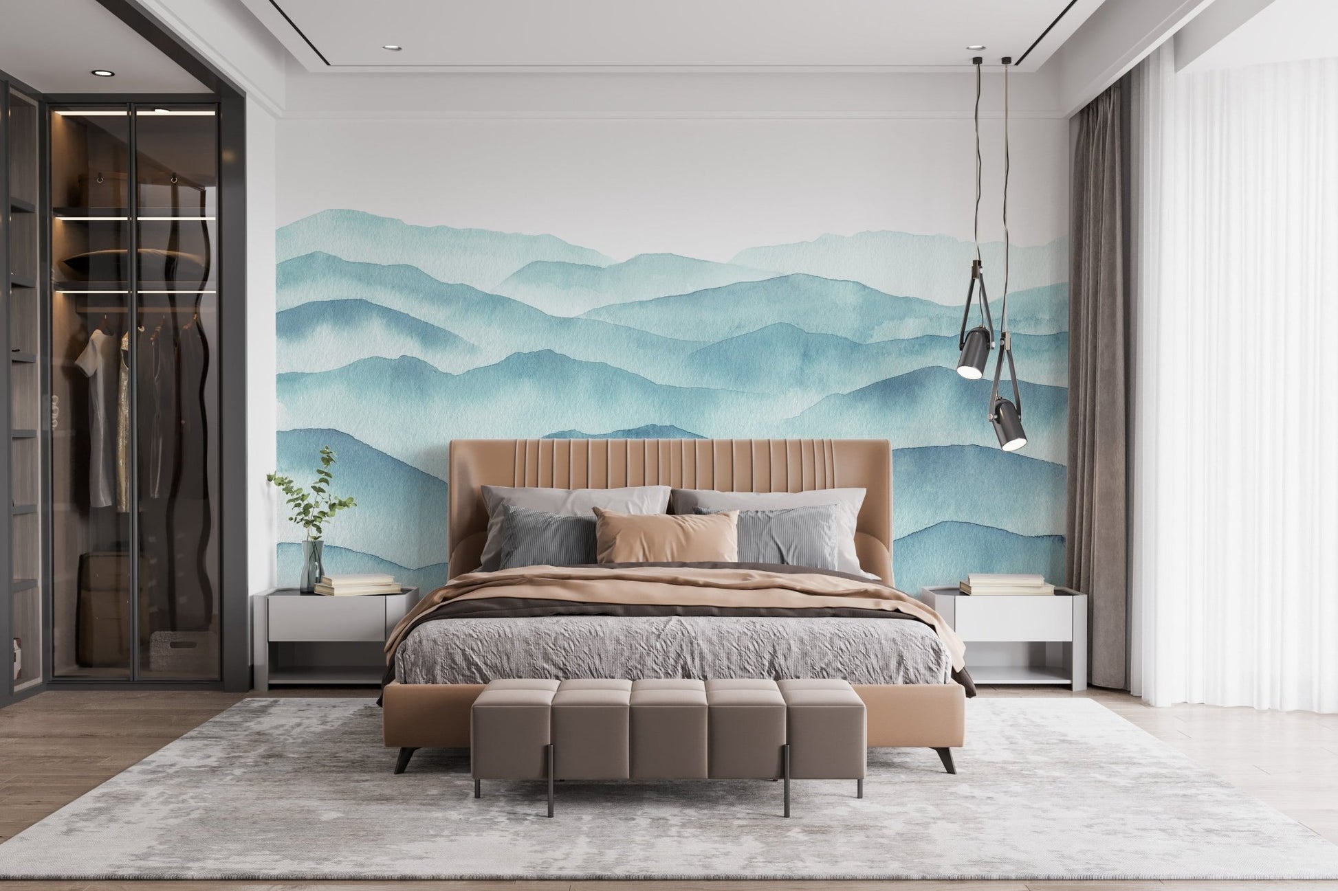 Minimalist bedroom with blue wave pattern wall mural behind a wooden bed.