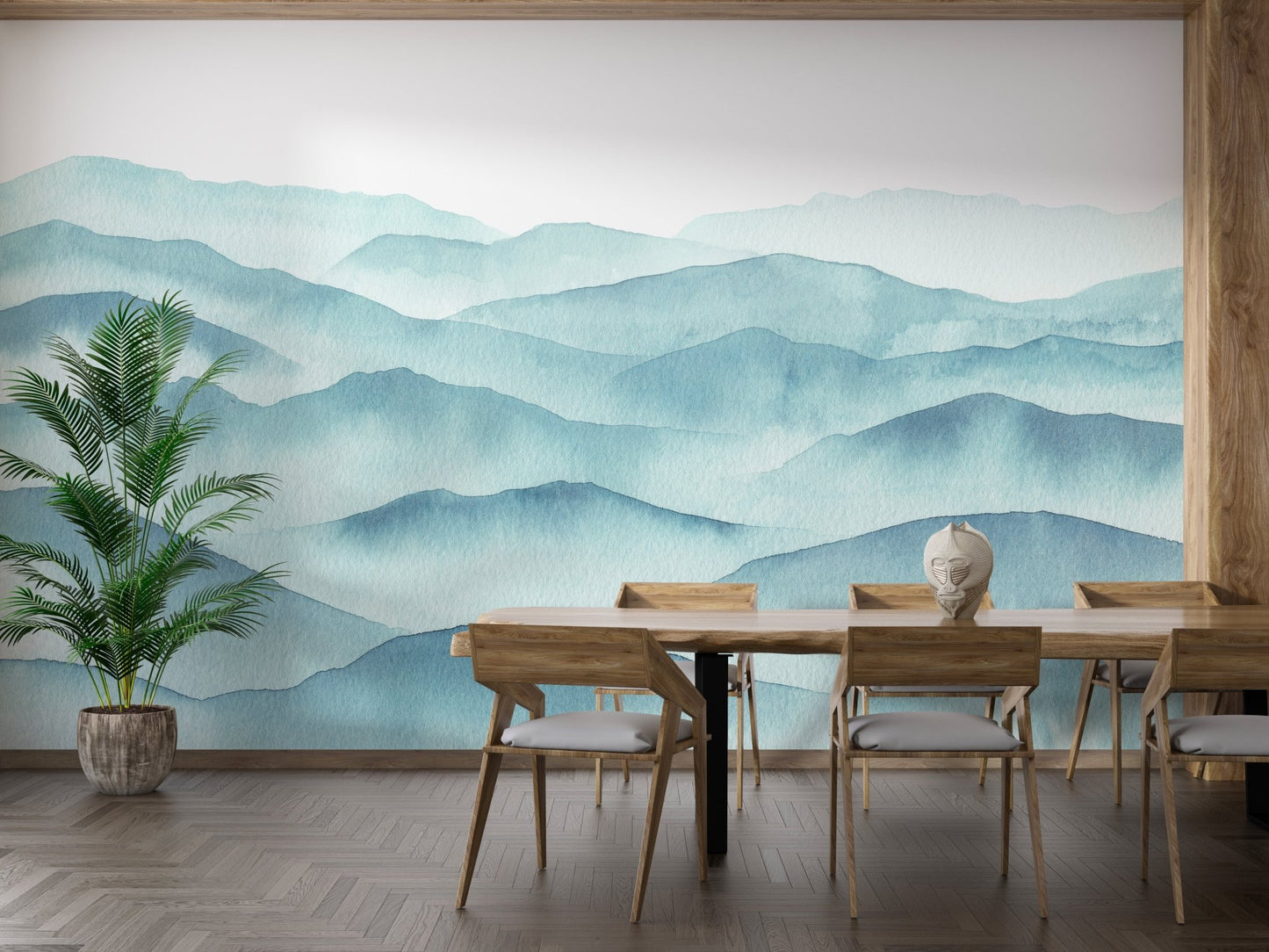 Dining room with Indigo Blue Watercolor Waves Wall Murals and wooden table.