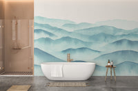 Contemporary bathroom featuring a blue watercolor waves wall mural.