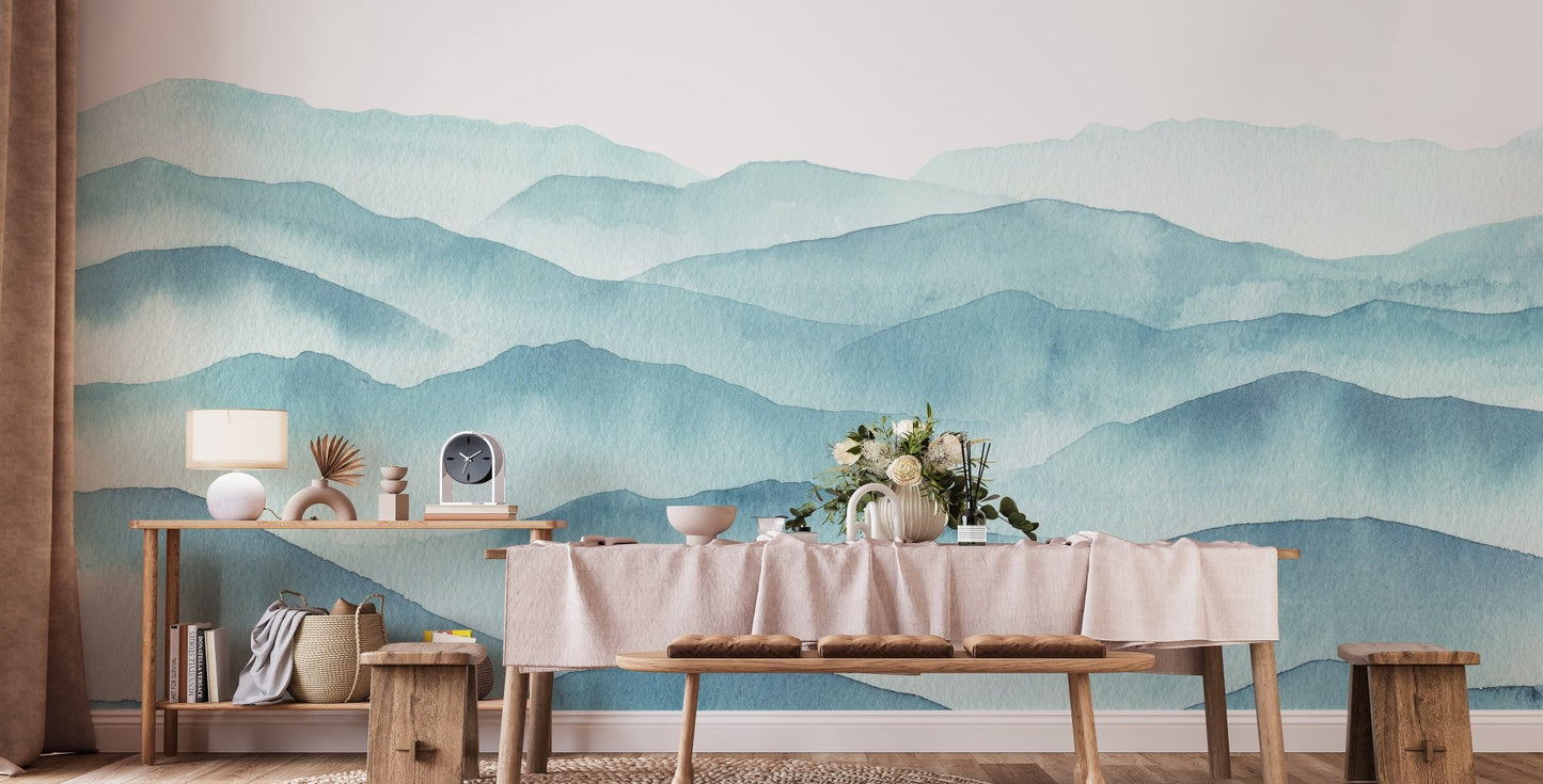 Long dining table with indigo blue watercolor waves wall mural.
