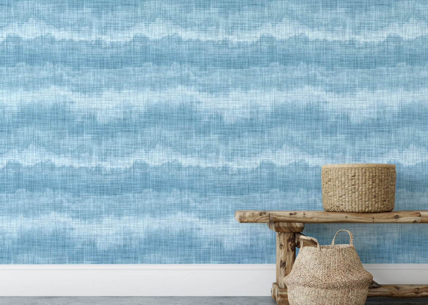 Marine texture wallpaper behind a rustic wooden bench and woven basket.