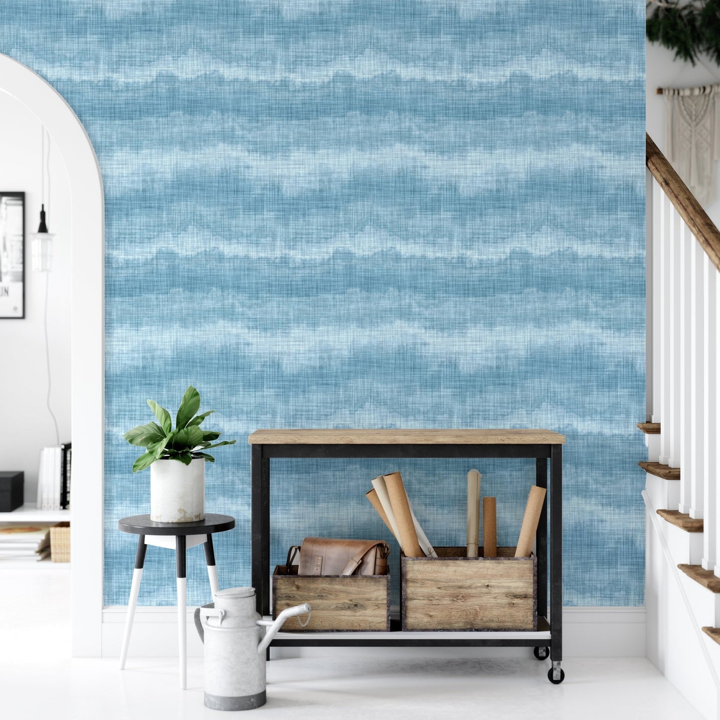 Marine texture wallpaper in a hallway with a metal shelf and white pitcher.