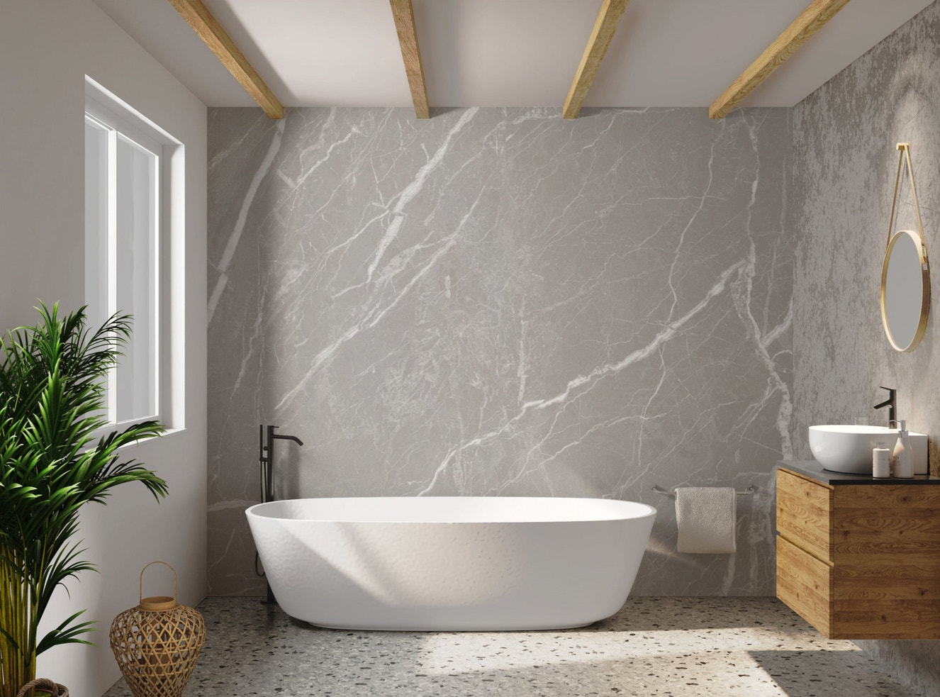 Grey concrete stone wallpaper for bathroom with subtle marble vein pattern.