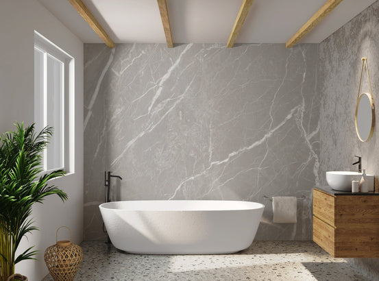 Grey concrete stone wallpaper for bathroom with subtle marble vein pattern.