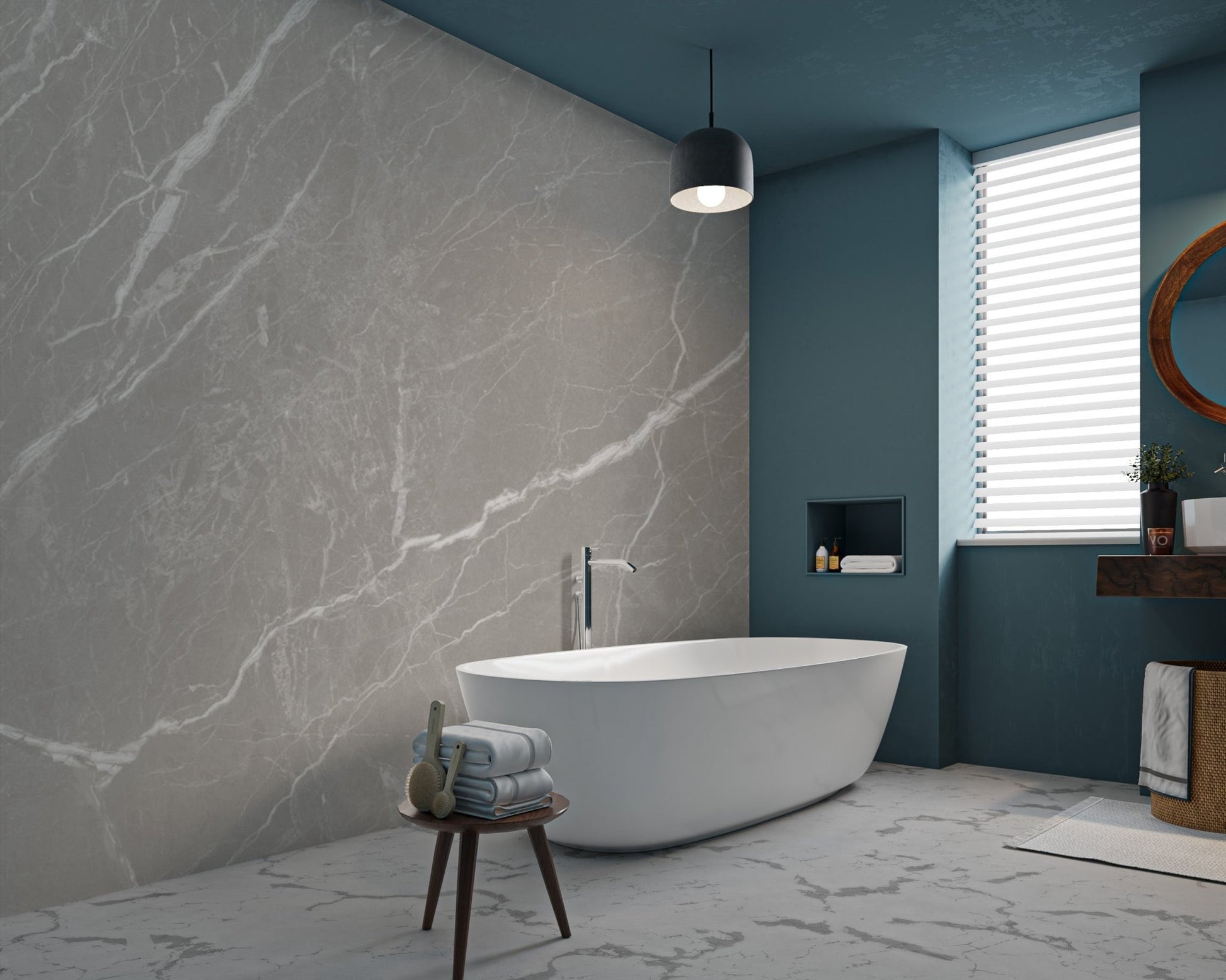Natural cement stone wallpaper for bathroom with subtle mineral lines.