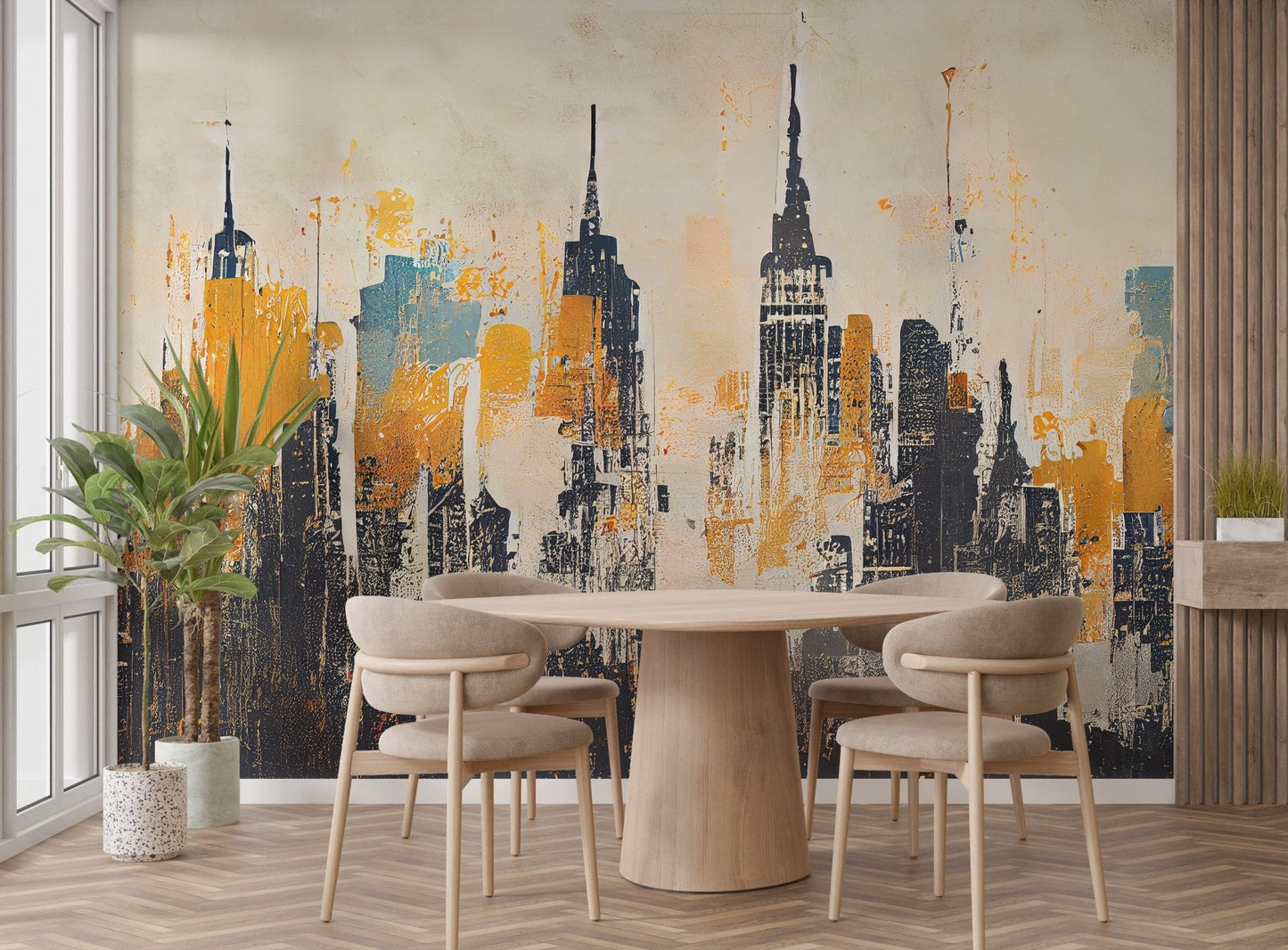 Industrial chic skyline wall mural with abstract city view design for dining room.