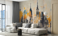 Contemporary chic skyline wall mural in dark modern color tones for living area.