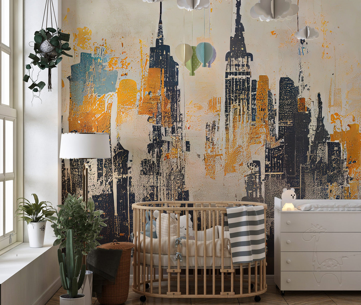 Urban abstract skyline mural in black, gold, and grey color for toddler room wall.