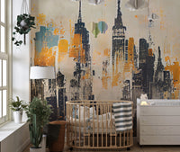 Urban abstract skyline mural in black, gold, and grey color for toddler room wall.