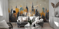 Graphic skyscraper skyline wall mural in industrial art style.