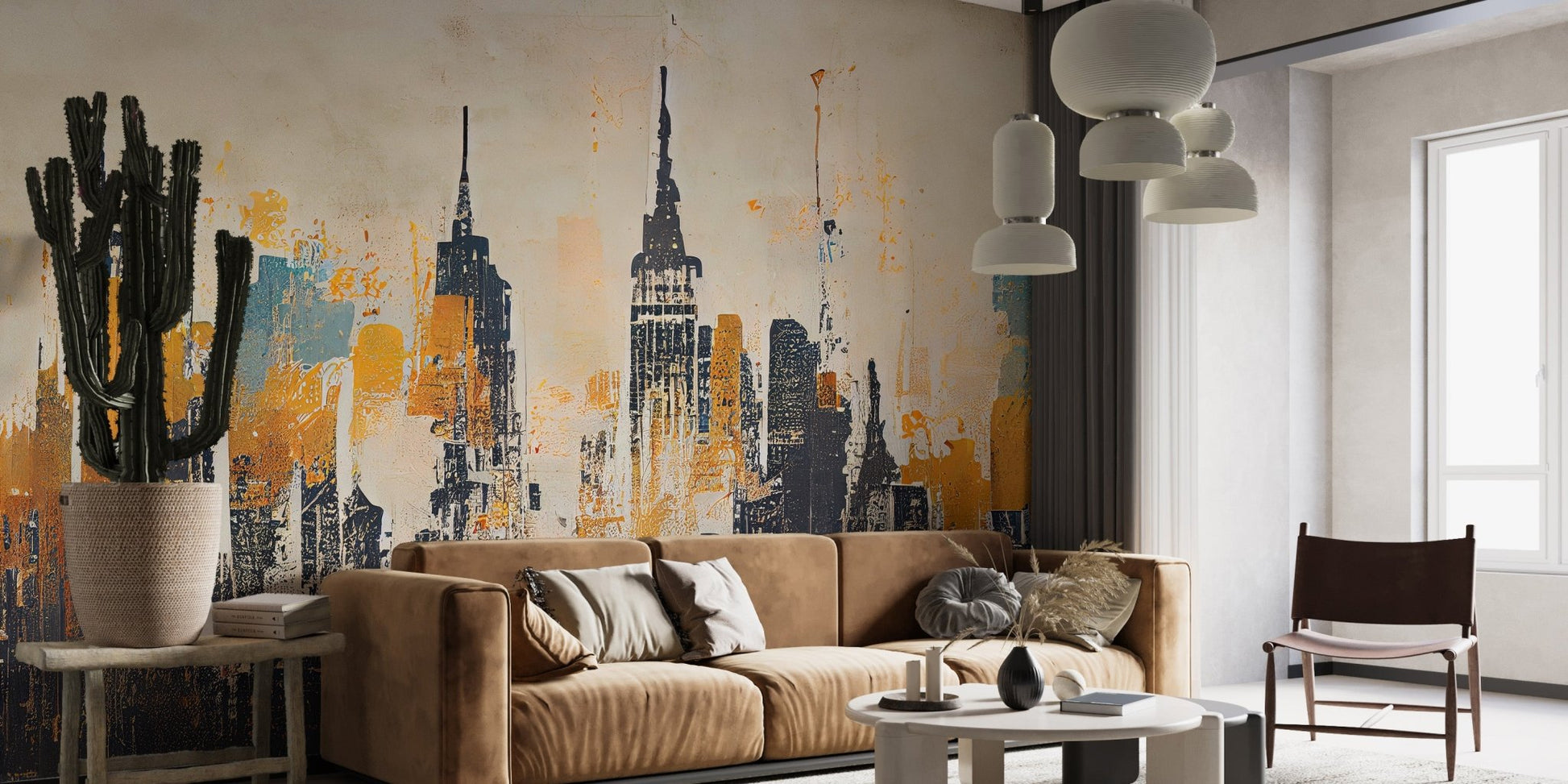 High contrast city skyline wall mural in industrial theme for living room interior.