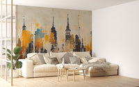 Textured metropolitan skyline mural in modern wall decor style.