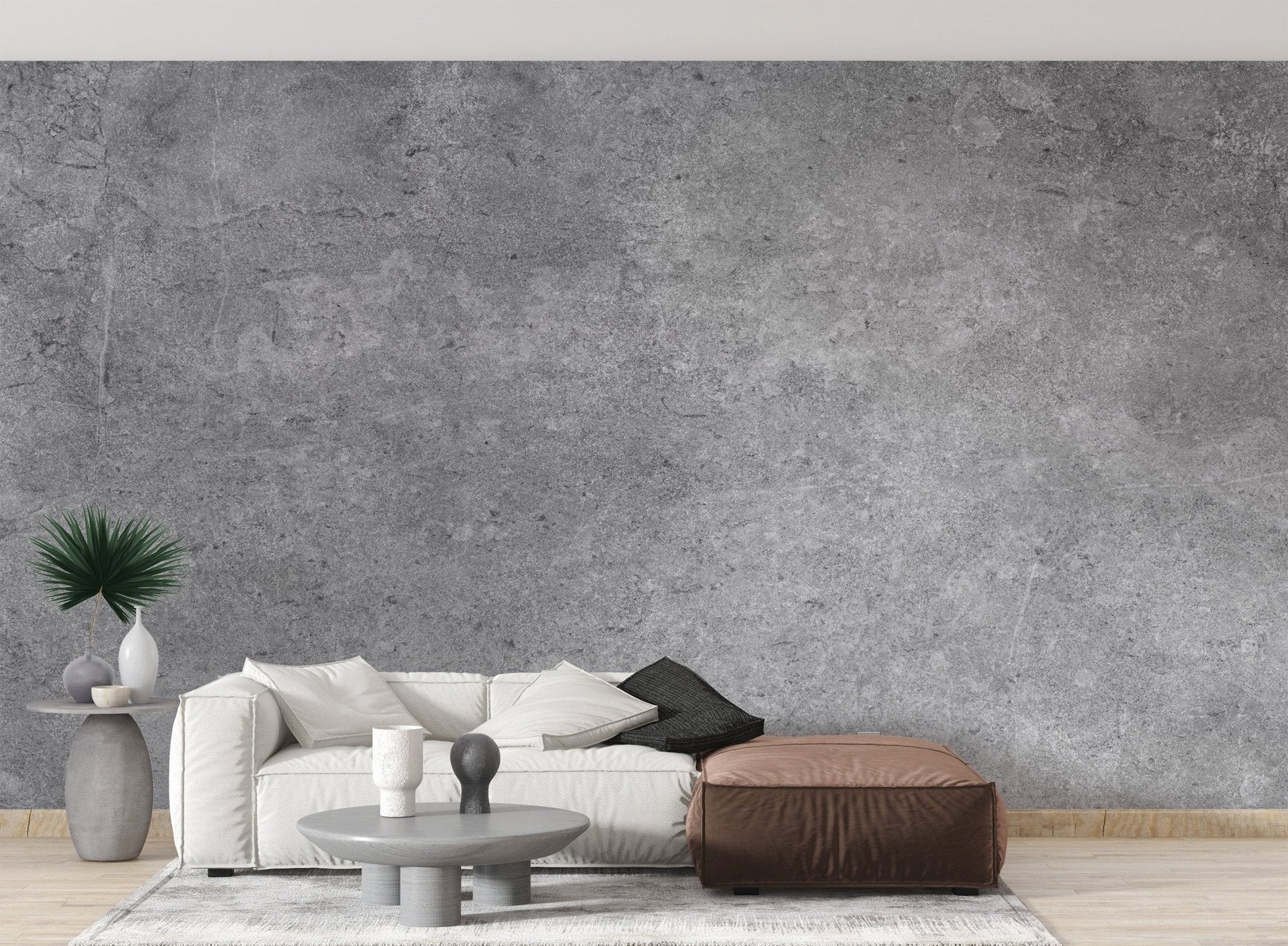 Industrial grey wall mural wallpaper with wisteria and cement texture.
