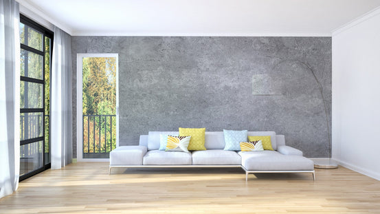Industrial grey wall mural wallpaper with wisteria and smooth finish.
