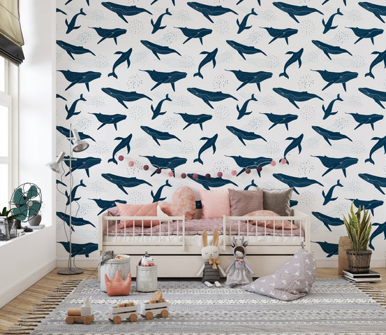 Ink Blue Whales in Monochrome Wallpaper in a kids bedroom with a daybed.
