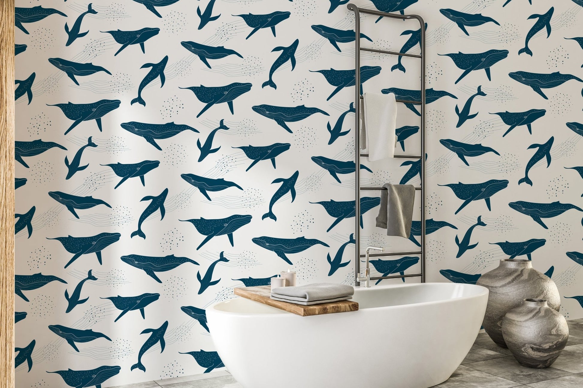 Ink blue whale design for mural wallpaper
