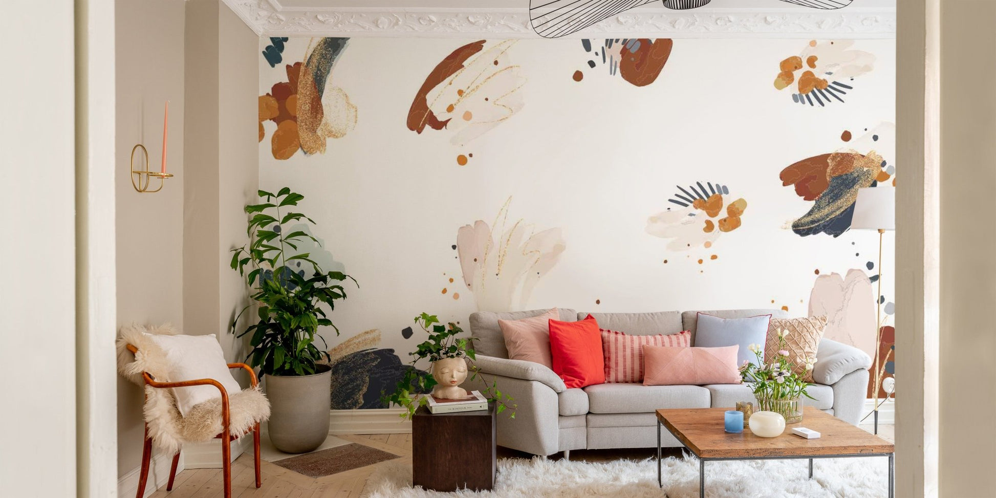 Inkblot patterns mural with self-adhesive design for easy living room decor.
