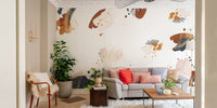 Inkblot patterns mural with self-adhesive design for easy living room decor.

