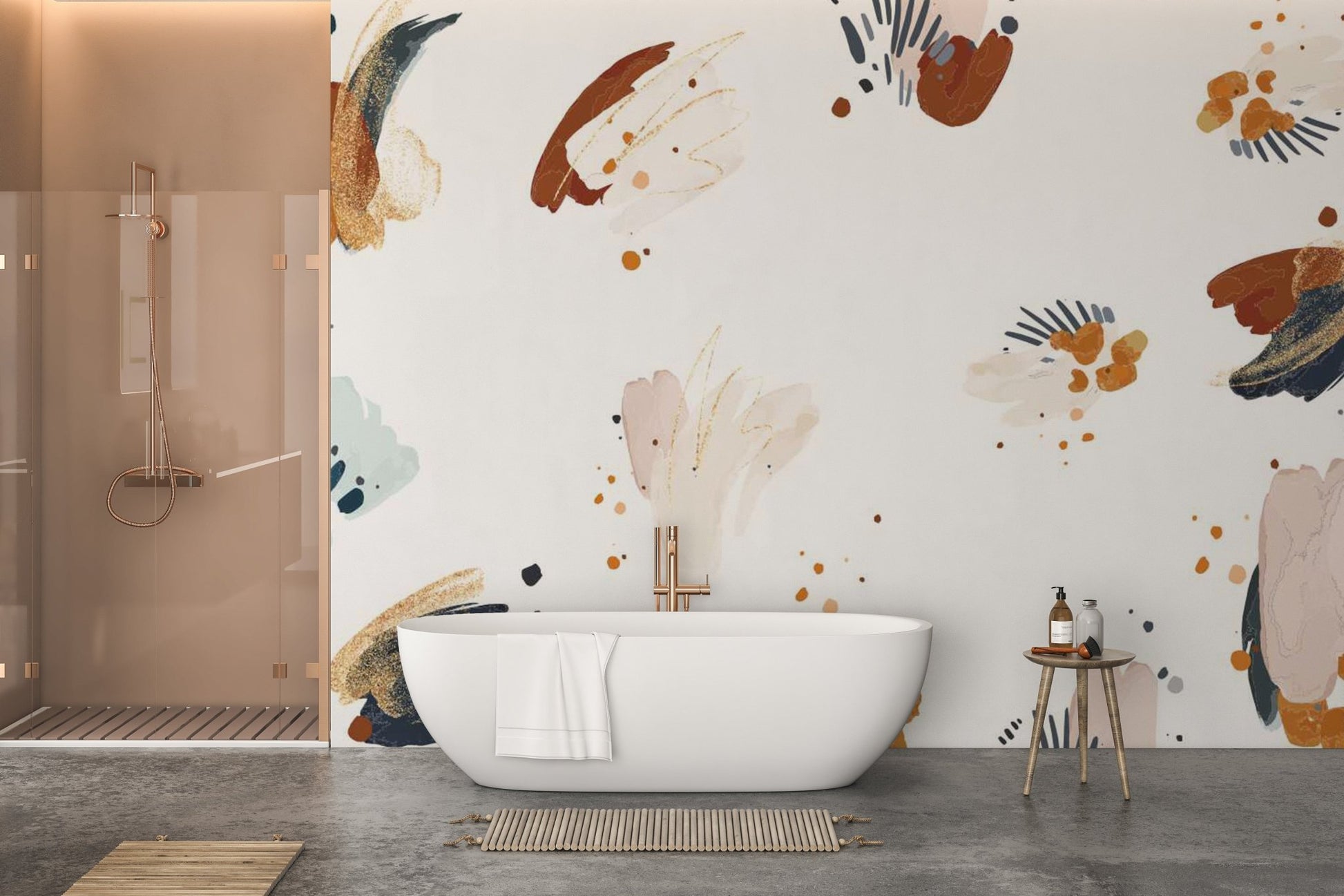 Abstract inkblot patterns mural for stylish and effortless bathroom decor.
