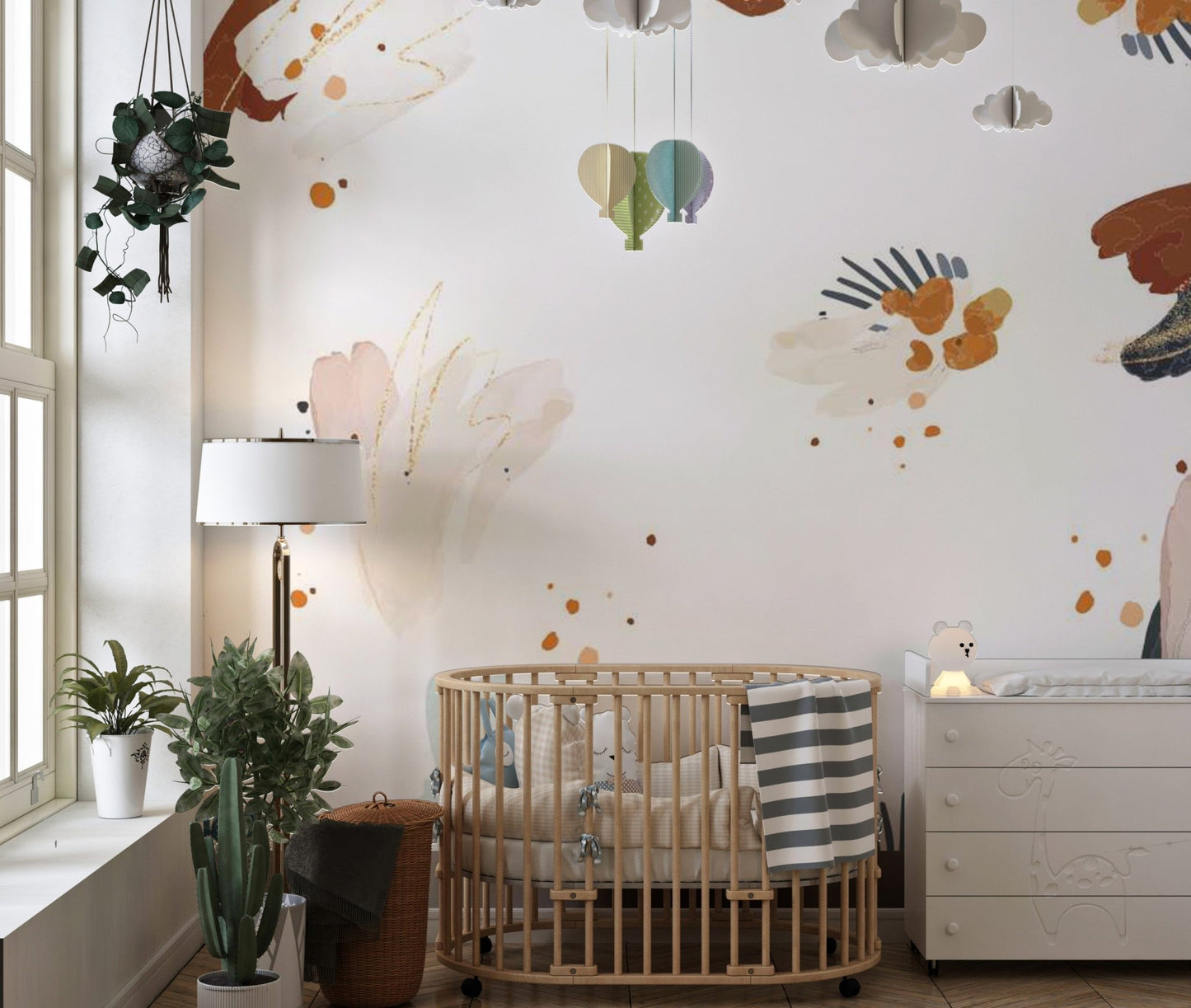 Inkblot mural with self-adhesive backing for creative kids room interiors.
