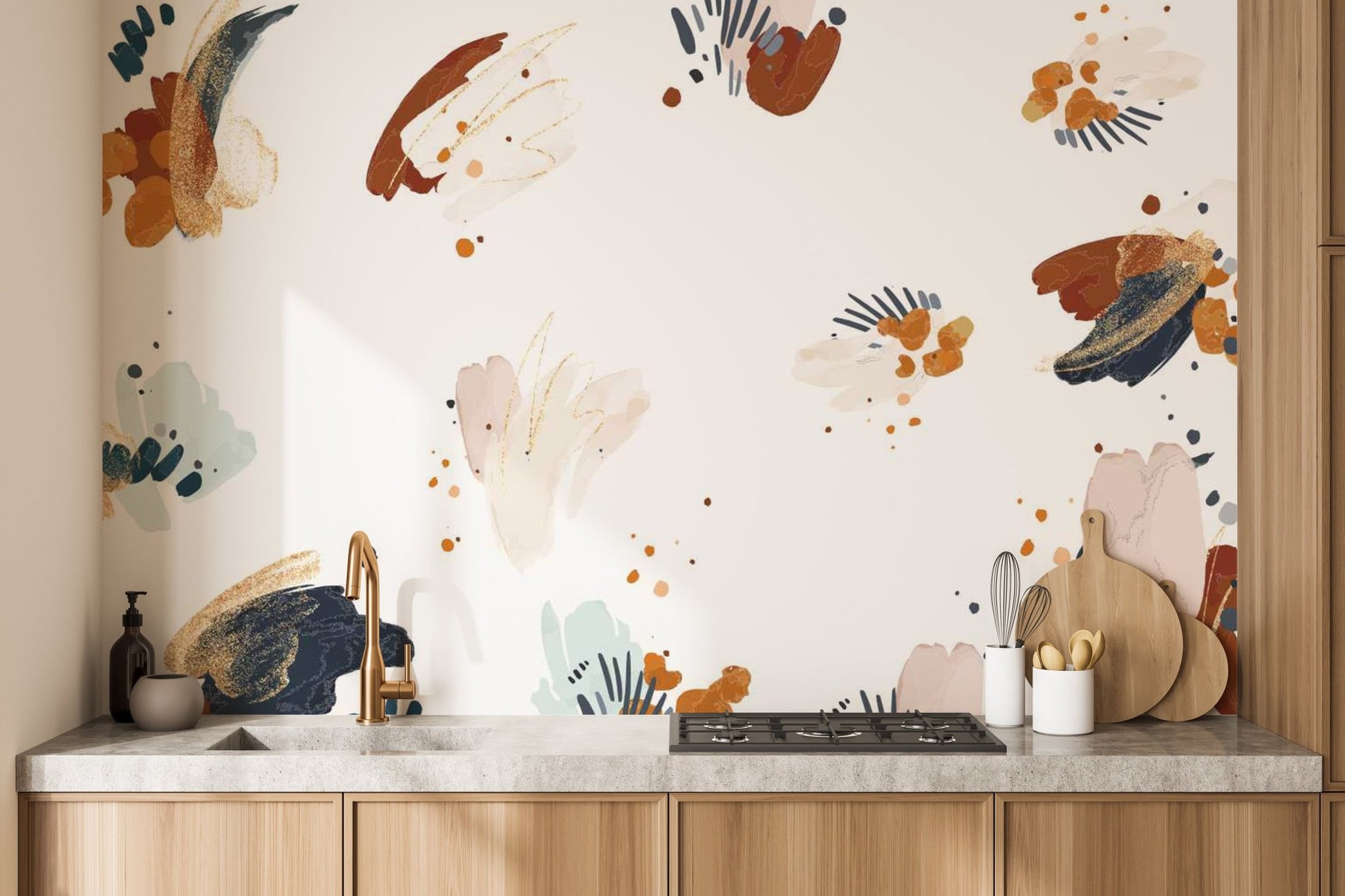 Wall mural showcasing inkblot patterns with self-adhesive ease in kitchen.
