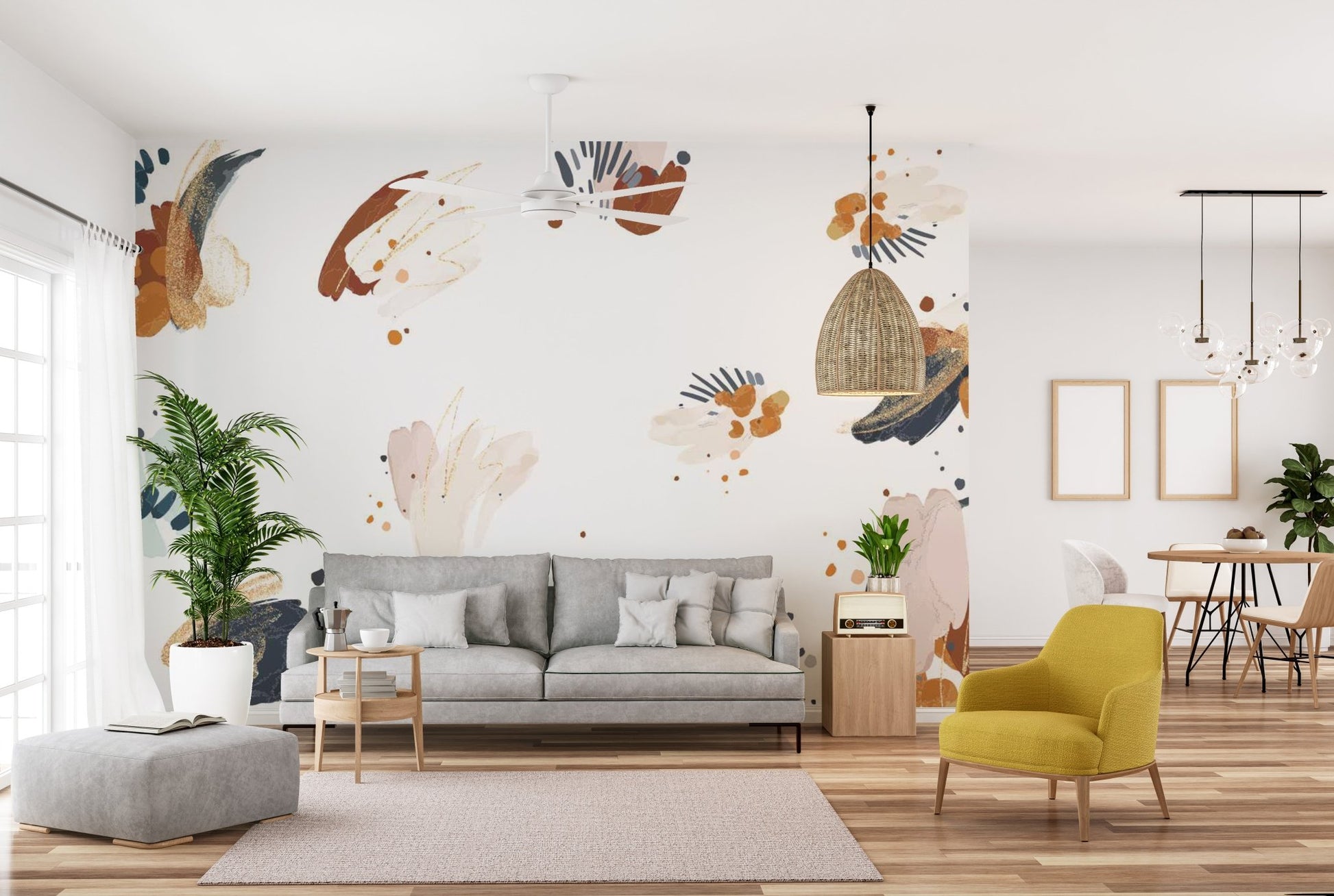 Self-adhesive mural featuring abstract inkblot patterns for living room walls.
