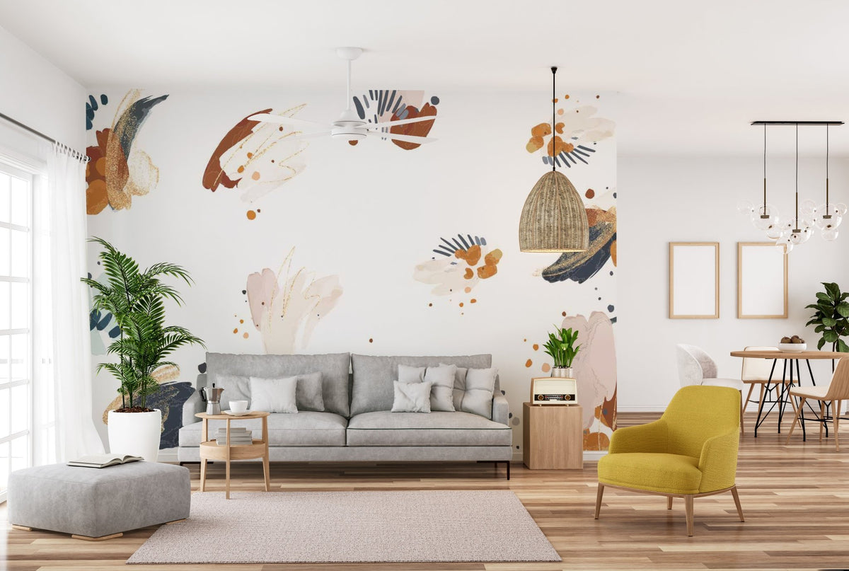 Self-adhesive mural featuring abstract inkblot patterns for living room walls.
