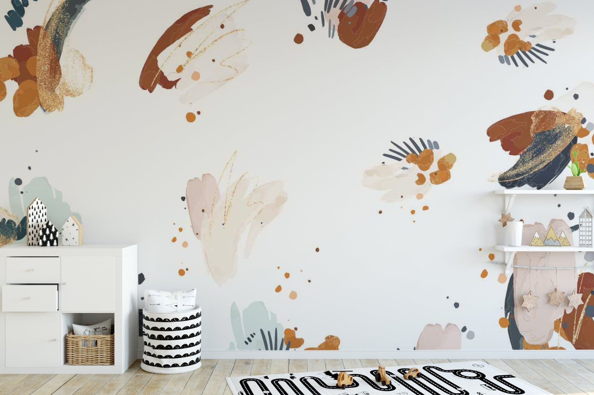 Watercolor floral view mural with soft and elegant flower designs in kids area.
