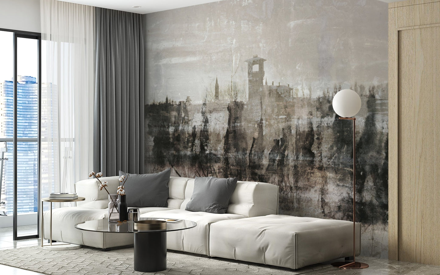 Striking inked ruin scenery mural in open living room.