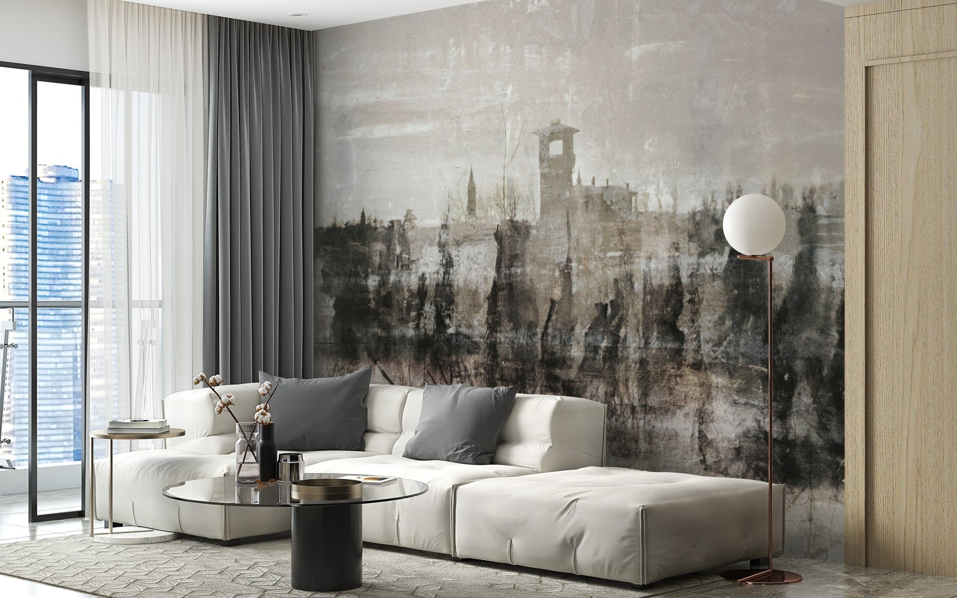 Striking inked ruin scenery mural in open living room.