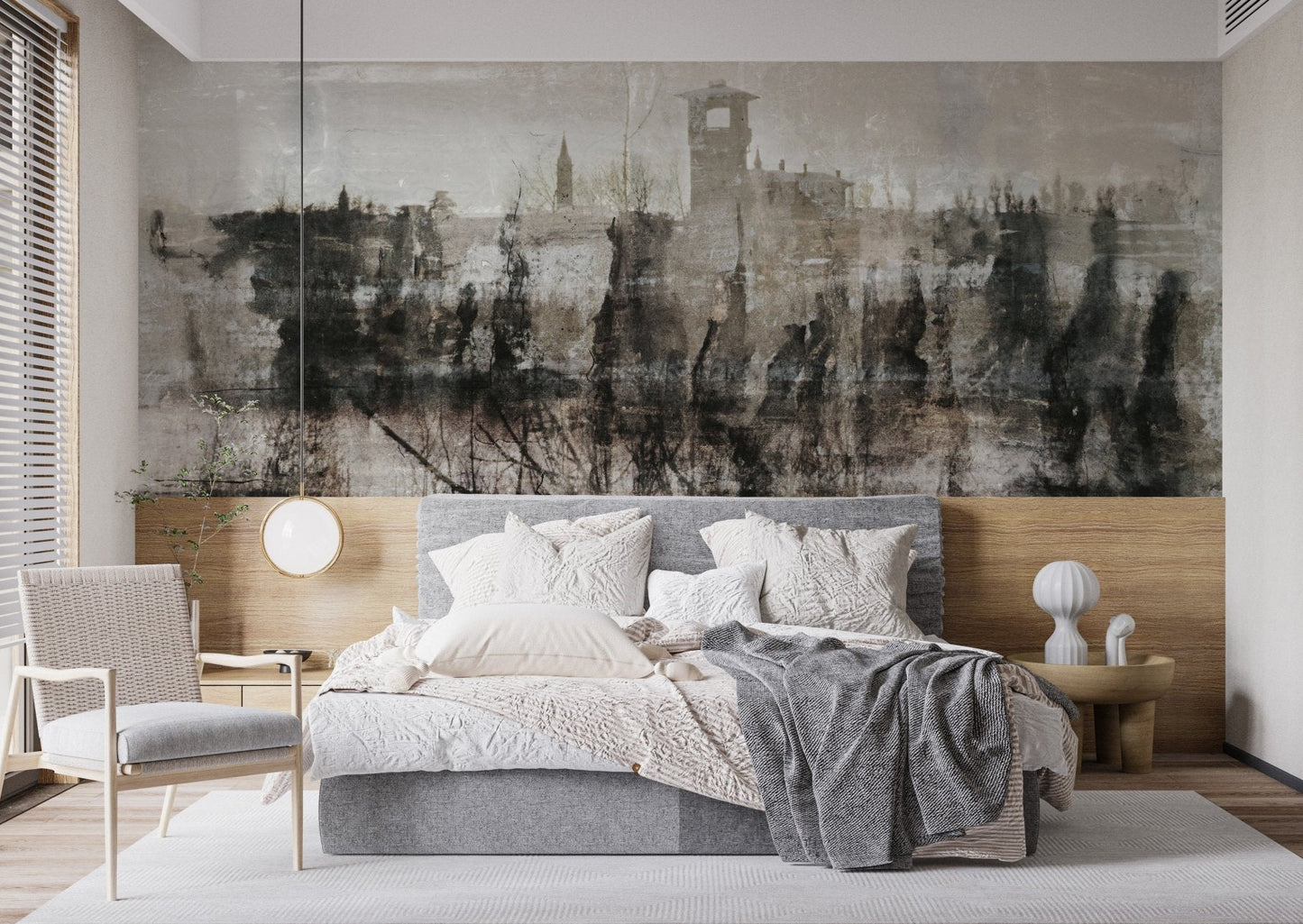 Inked Ruins Wall Mural behind a grey upholstered bed in a modern bedroom.