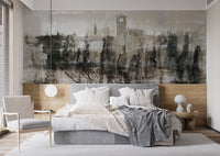 Inked Ruins Wall Mural behind a grey upholstered bed in a modern bedroom.
