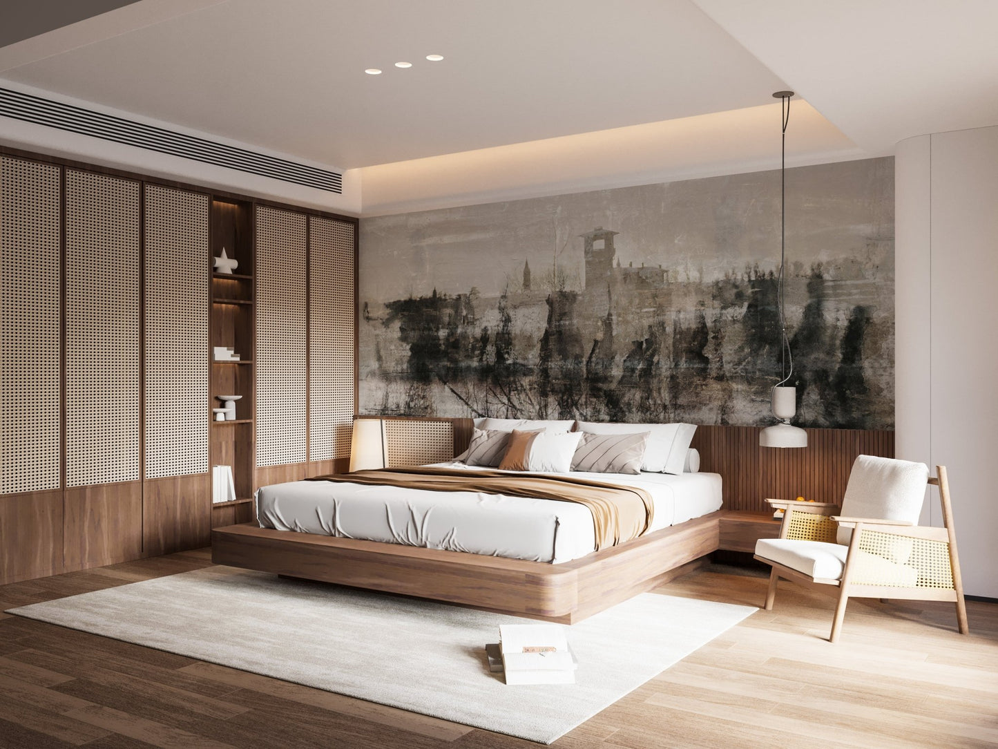 Moody ink ruins wall mural in bright bedroom.