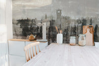 Inked ruins mural showcasing ancient architecture in kitchen.