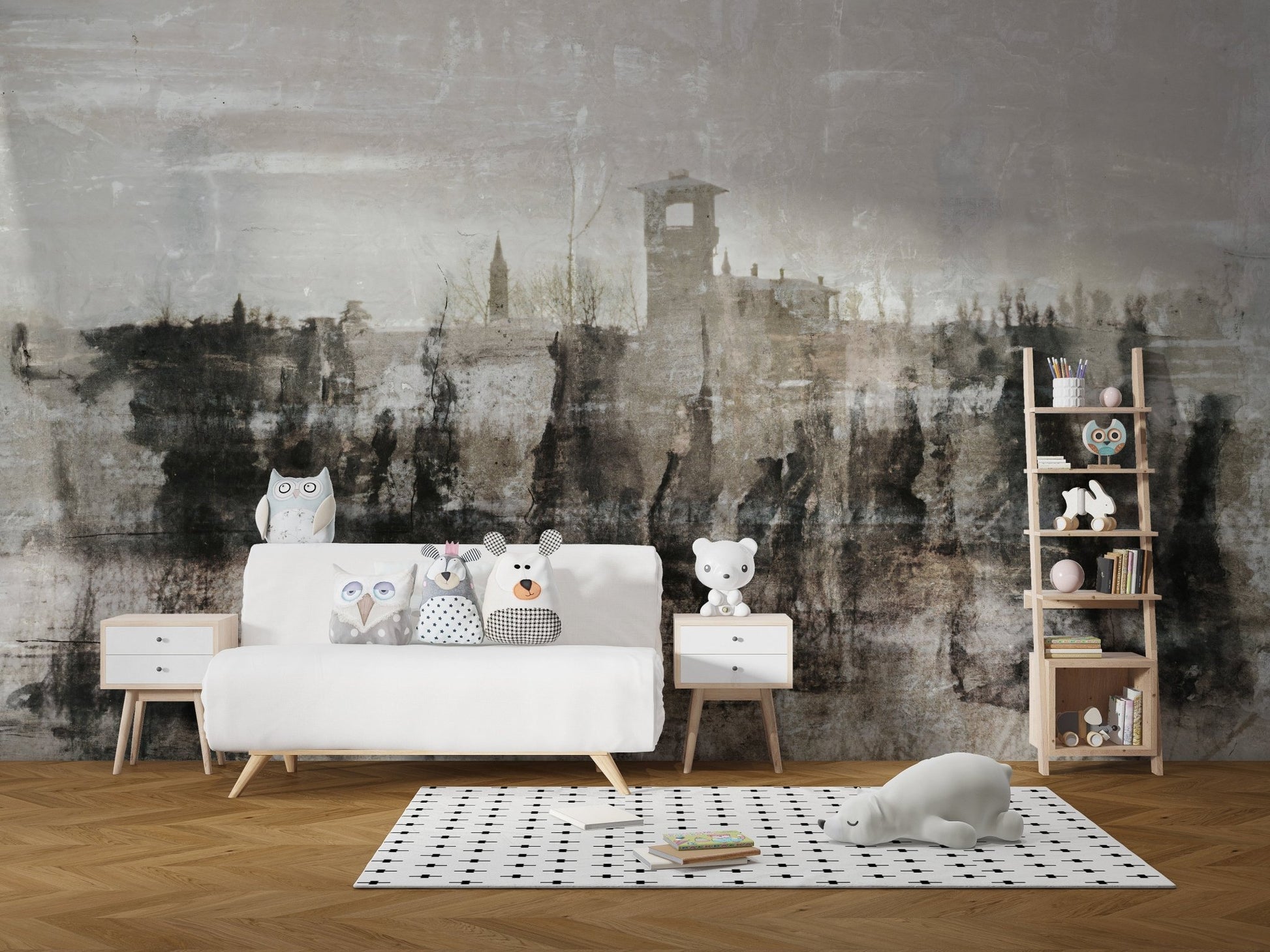 Time-worn ruins wall mural design in modern kids room.